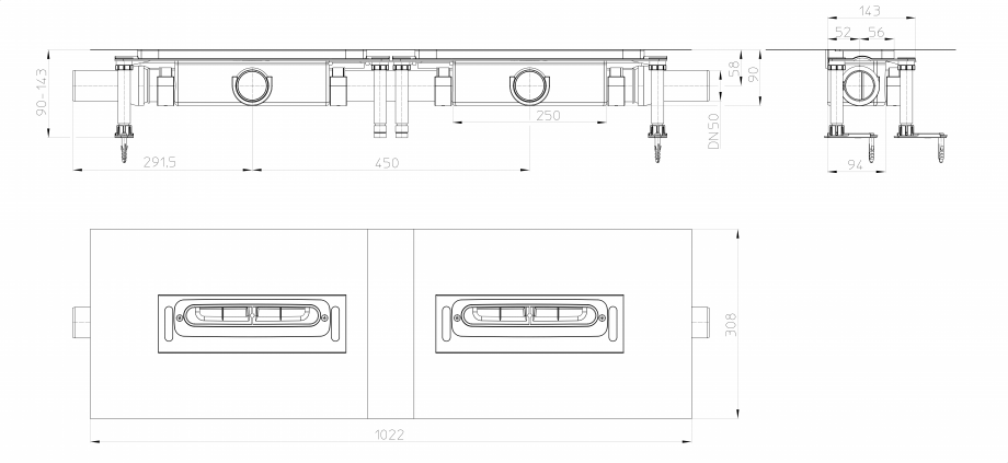 Pagina 1-Desen tehnic: Corp rigola dus InFloor Duo, 2x DN50 HL Hutterer & Lechner HL53K.2 Fisa tehnica 