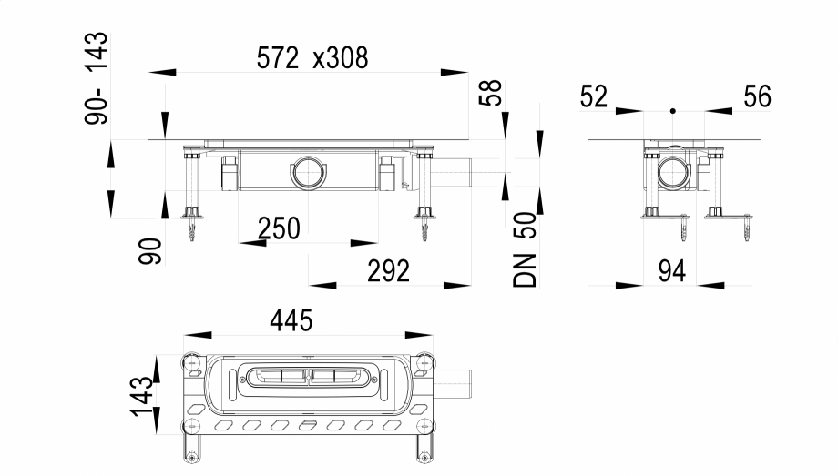 Pagina 1-Desen tehnic: Corp rigola dus InFloor, DN50 HL Hutterer & Lechner HL53K Fisa tehnica 