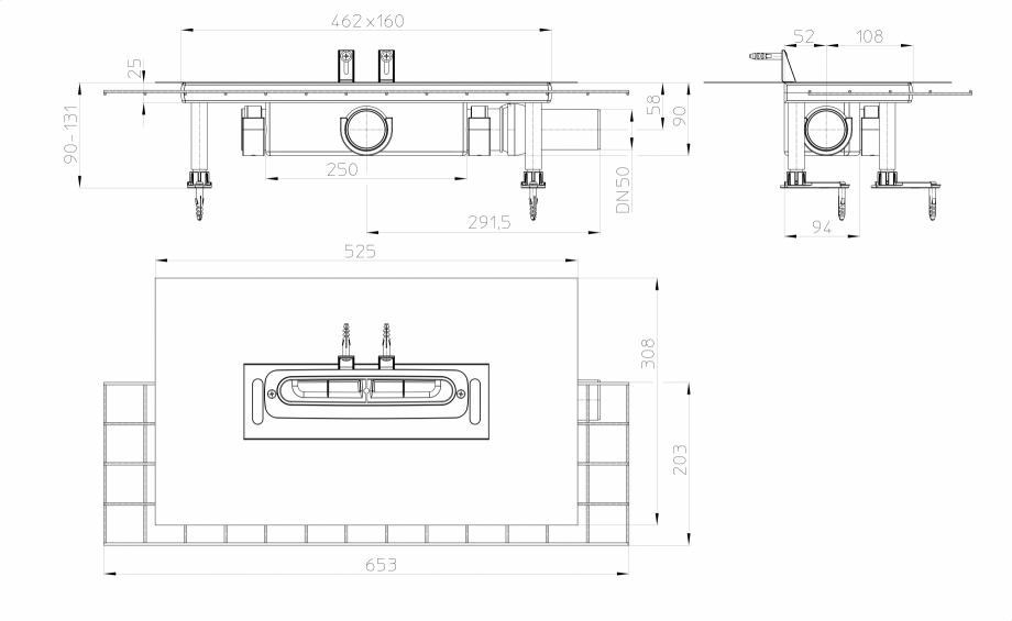 Pagina 1-Desen tehnic: Corp rigola dus InFloor CeraDrain, DN50 HL Hutterer & Lechner HL53KC Fisa tehnica ...