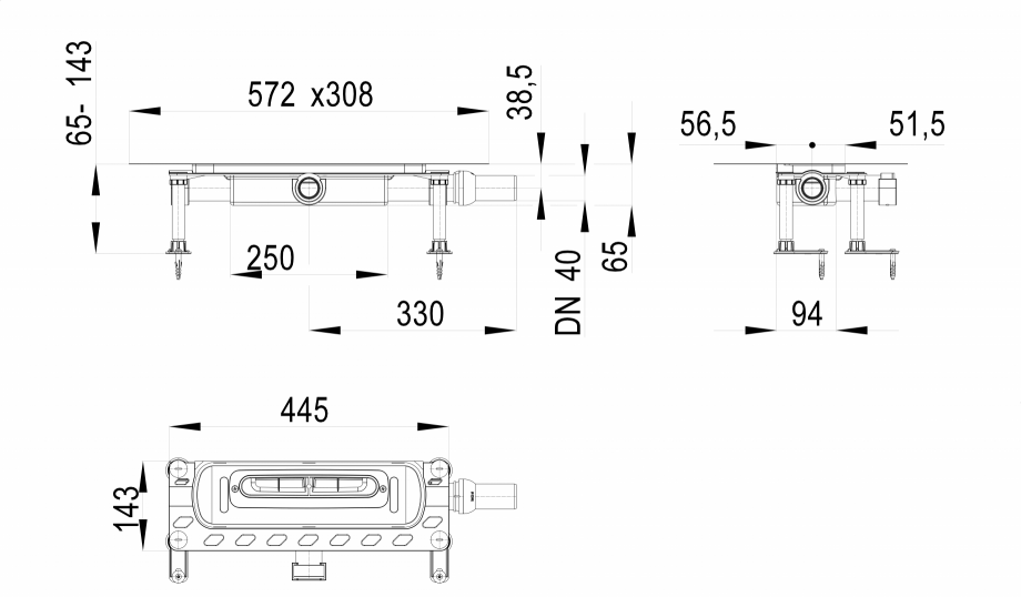 Pagina 1-Desen tehnic: Corp rigola dus InFloor, DN40 HL Hutterer & Lechner HL53KF Fisa tehnica 