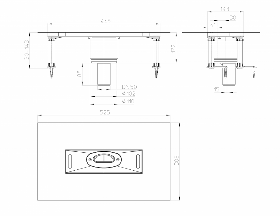 Pagina 1-Desen tehnic: Corp rigola dus InFloor, DN50, verticala HL Hutterer & Lechner HL53KV Fisa tehnica...