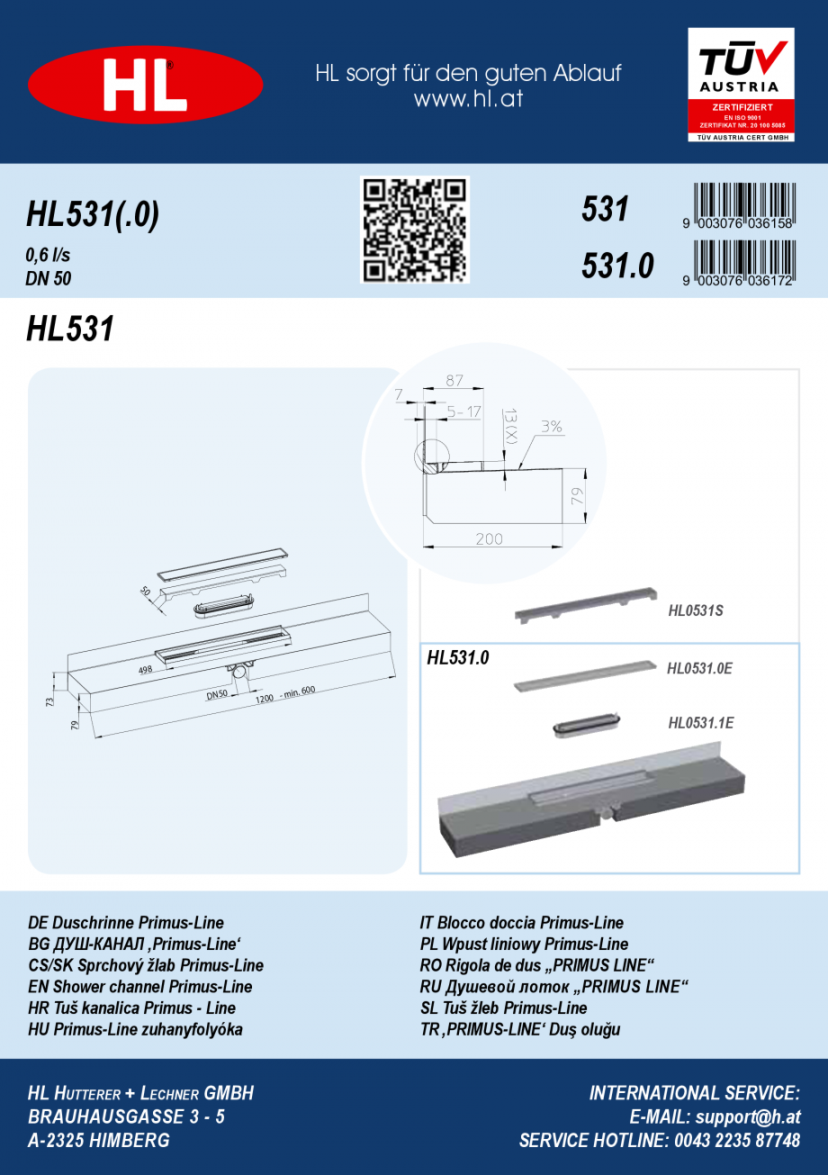Pagina 1-Ghid de instalare pentru rigolele de dus HL Hutterer & Lechner HL531, HL531.0 Instructiuni...