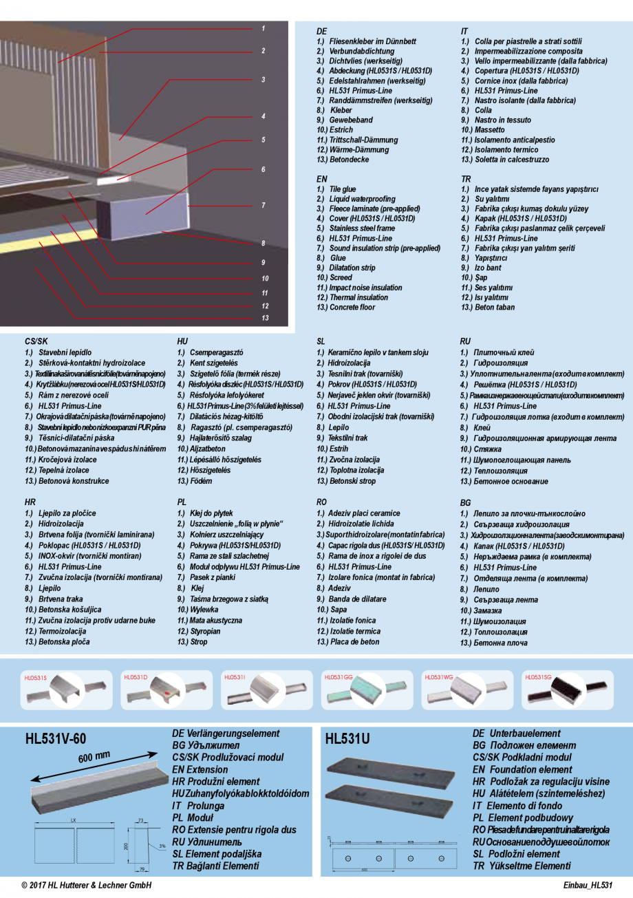 Pagina 4-Ghid de instalare pentru rigolele de dus HL Hutterer & Lechner HL531, HL531.0 Instructiuni...