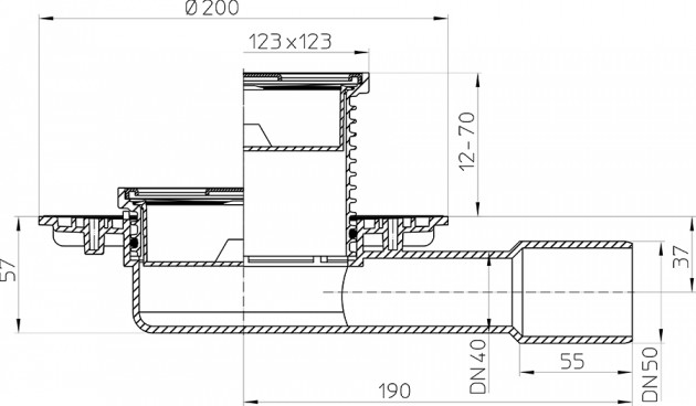 Schiță dimensiuni Receptor terasa/balcon cu flansa, iesire laterală D 40/50 - HL90
