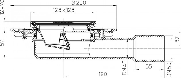 Schiță dimensiuni Receptor terasa/balcon cu flansa, iesire laterala D 40/50 - HL90.2