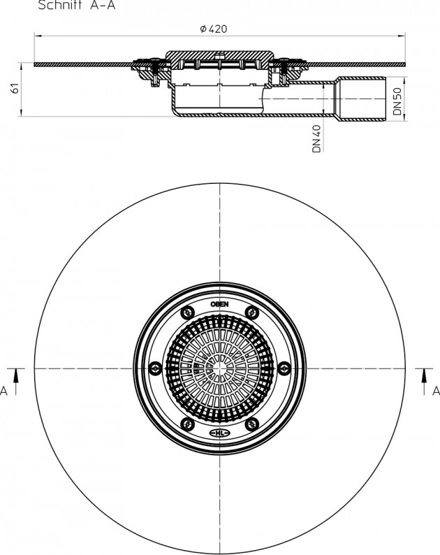 Schiță dimensiuni Receptor pentru terase si balcoane  EXTRA PLAT cu iesire laterala DN40/50 - HL90KH