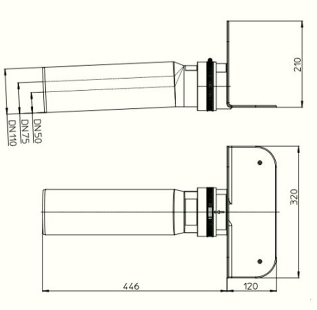 Schiță dimensiuni Receptor pentru atic cu guler de PVC si racord de evacuare din PP -