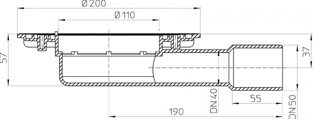 Schiță dimensiuni Corp receptor terasa / sifon pardoseala extra plat cu iesire laterala D40/50 - HL90K