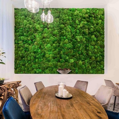 Camera cu masa din lemn si perete cu muschi verzi Perete verde