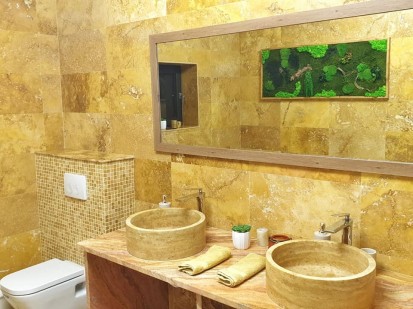 Amenajare baie cu tablou verde din muschi si licheni stabilizati Tablouri cu muschi si licheni decorativi
