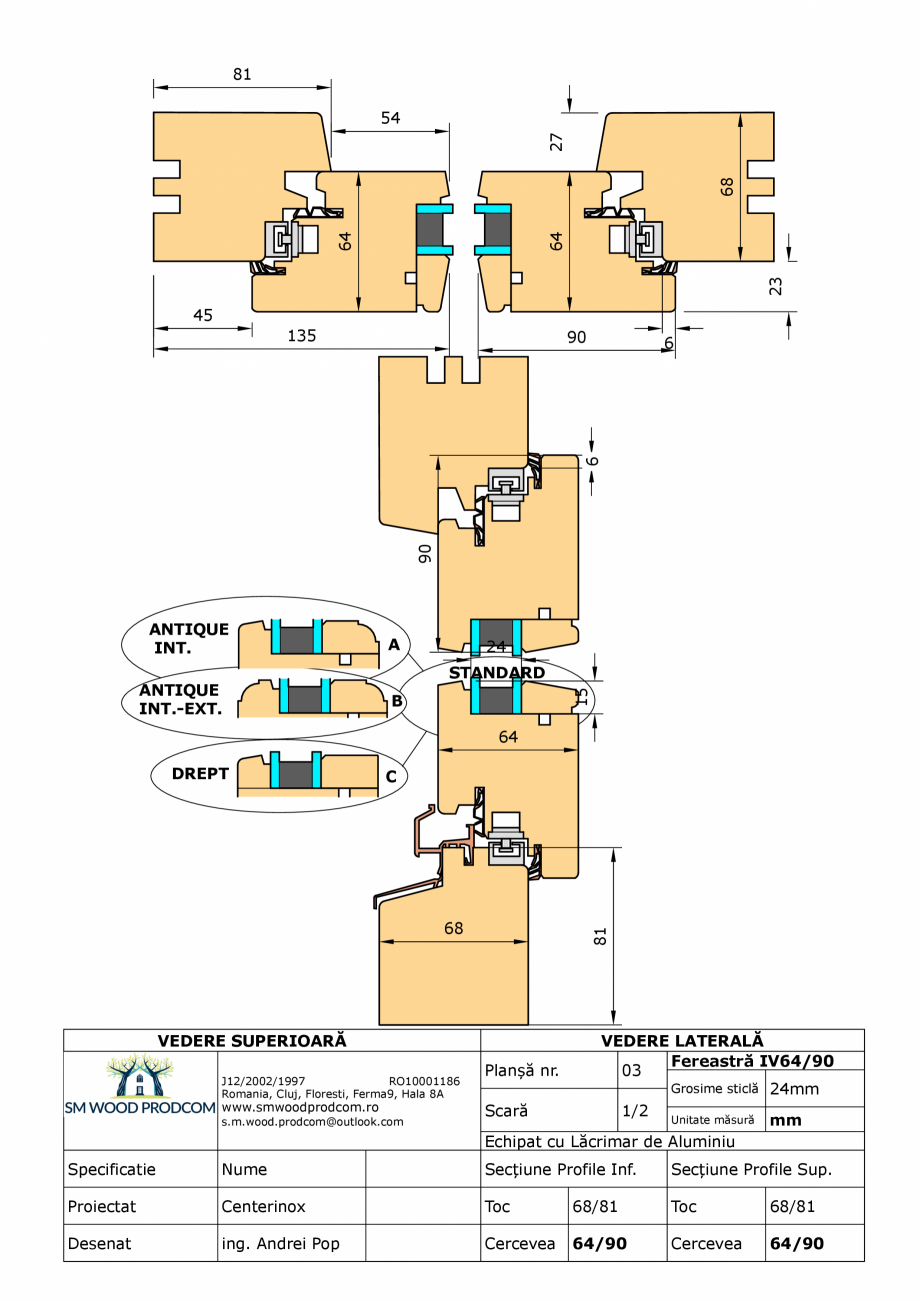 Pagina 1-CAD-PDF Fereastra din lemn IV64/90 SM WOOD PRODCOM Detaliu de produs 