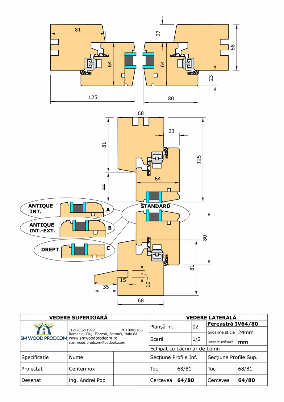 Pagina 1-CAD-PDF Fereastra din lemn IV64/80 SM WOOD PRODCOM Detaliu de produs 