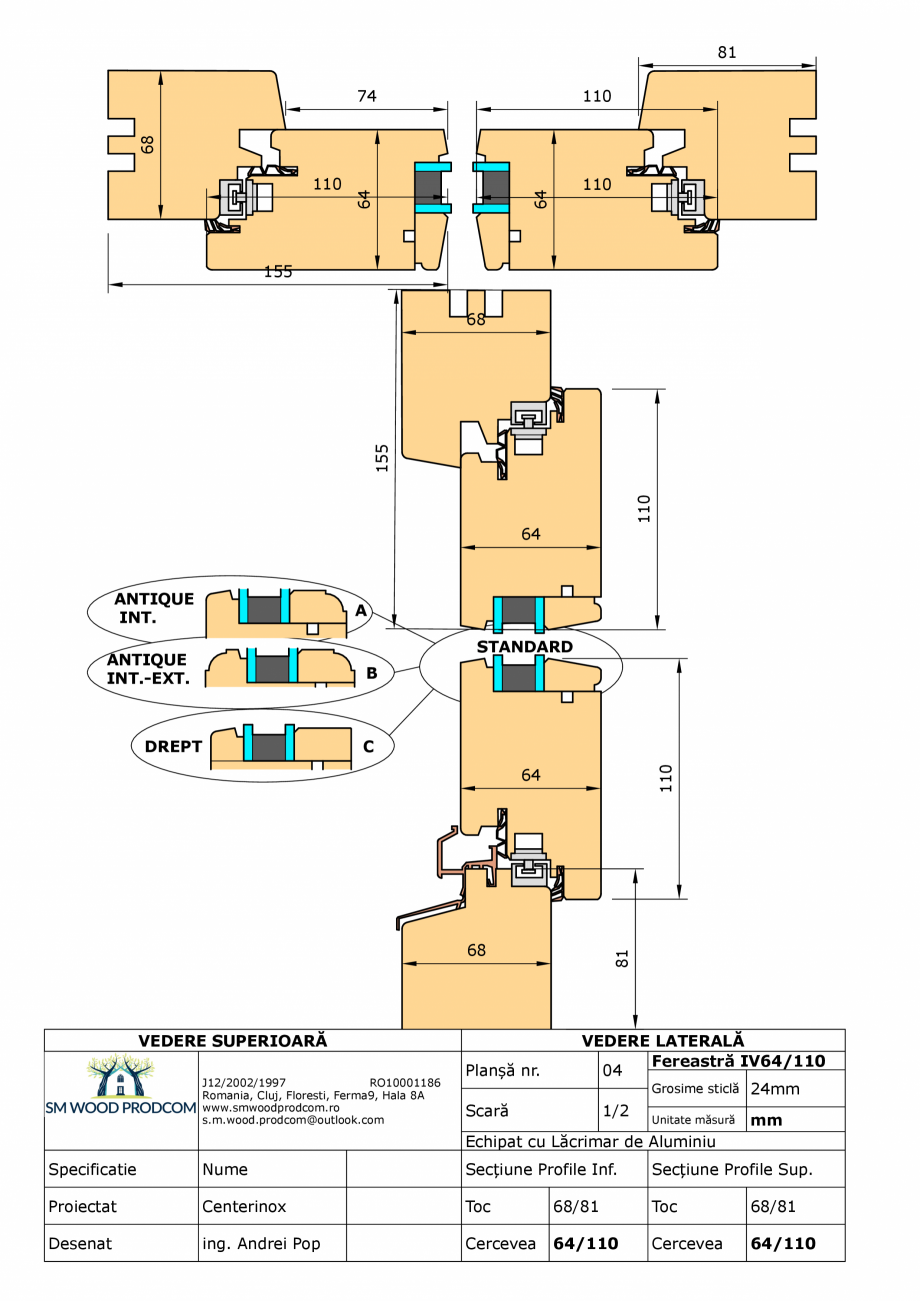 Pagina 1-CAD-PDF Fereastra din lemn IV64/110 SM WOOD PRODCOM Detaliu de produs 