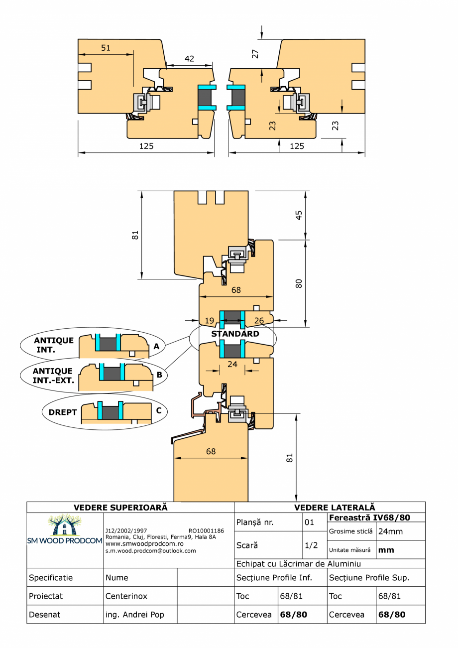 Pagina 1-CAD-PDF Fereastra din lemn IV68/80 SM WOOD PRODCOM Detaliu de produs 