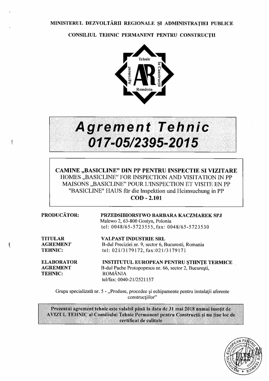 Pagina 1-Agrement tehnic Camine BASICLINE din PP pentru inspectie si vizitare VALPLAST INDUSTRIE Certificare ...