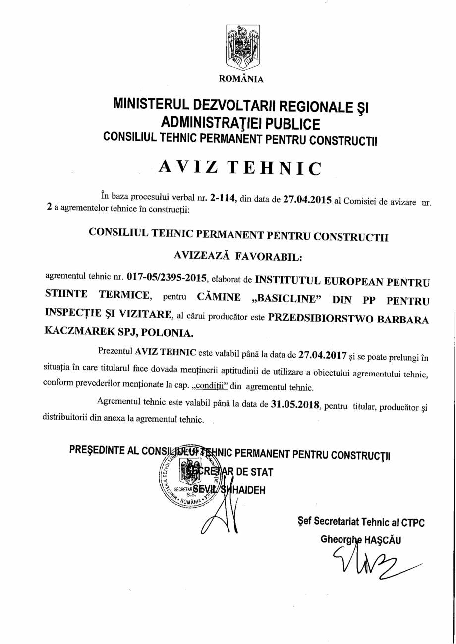 Pagina 1-Aviz tehnic Camine BASICLINE din PP pentru inspectie si vizitare VALPLAST INDUSTRIE Certificare...