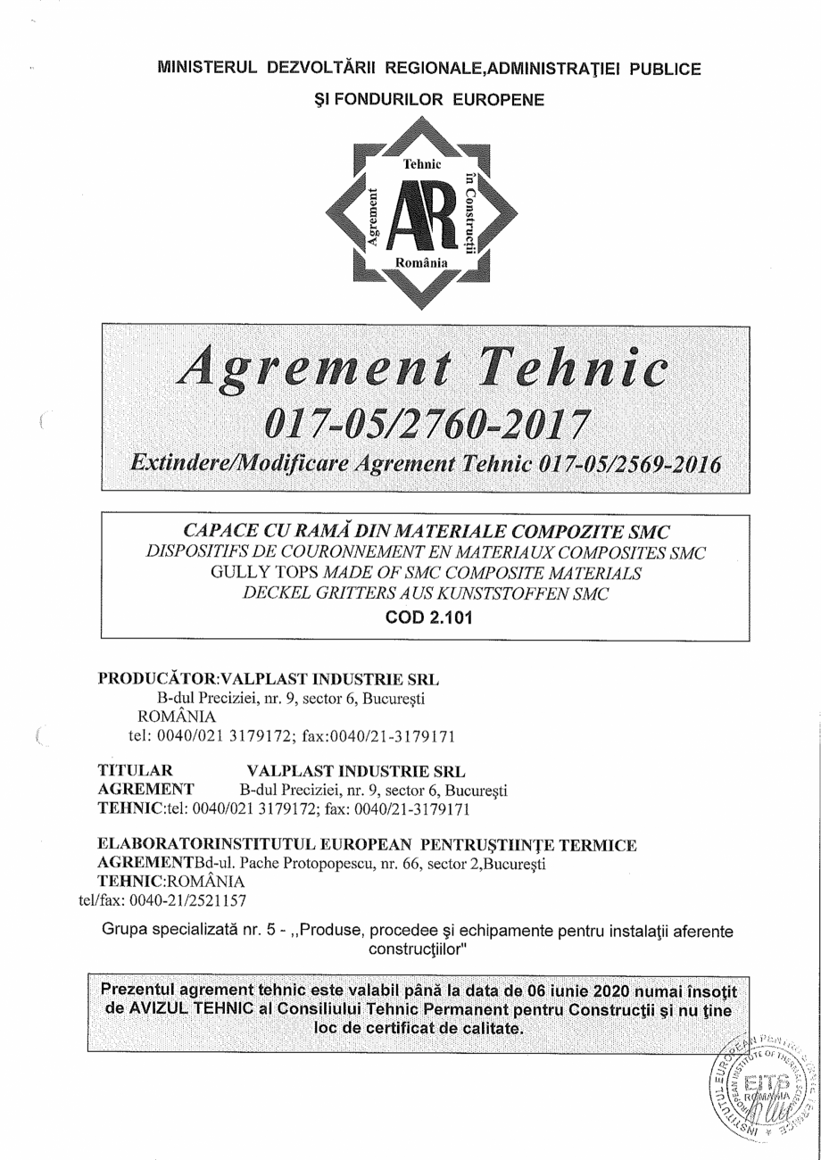 Pagina 1-Agrement tehnic capace cu rama din compozit SMC  VALPLAST INDUSTRIE Certificare produs Romana...