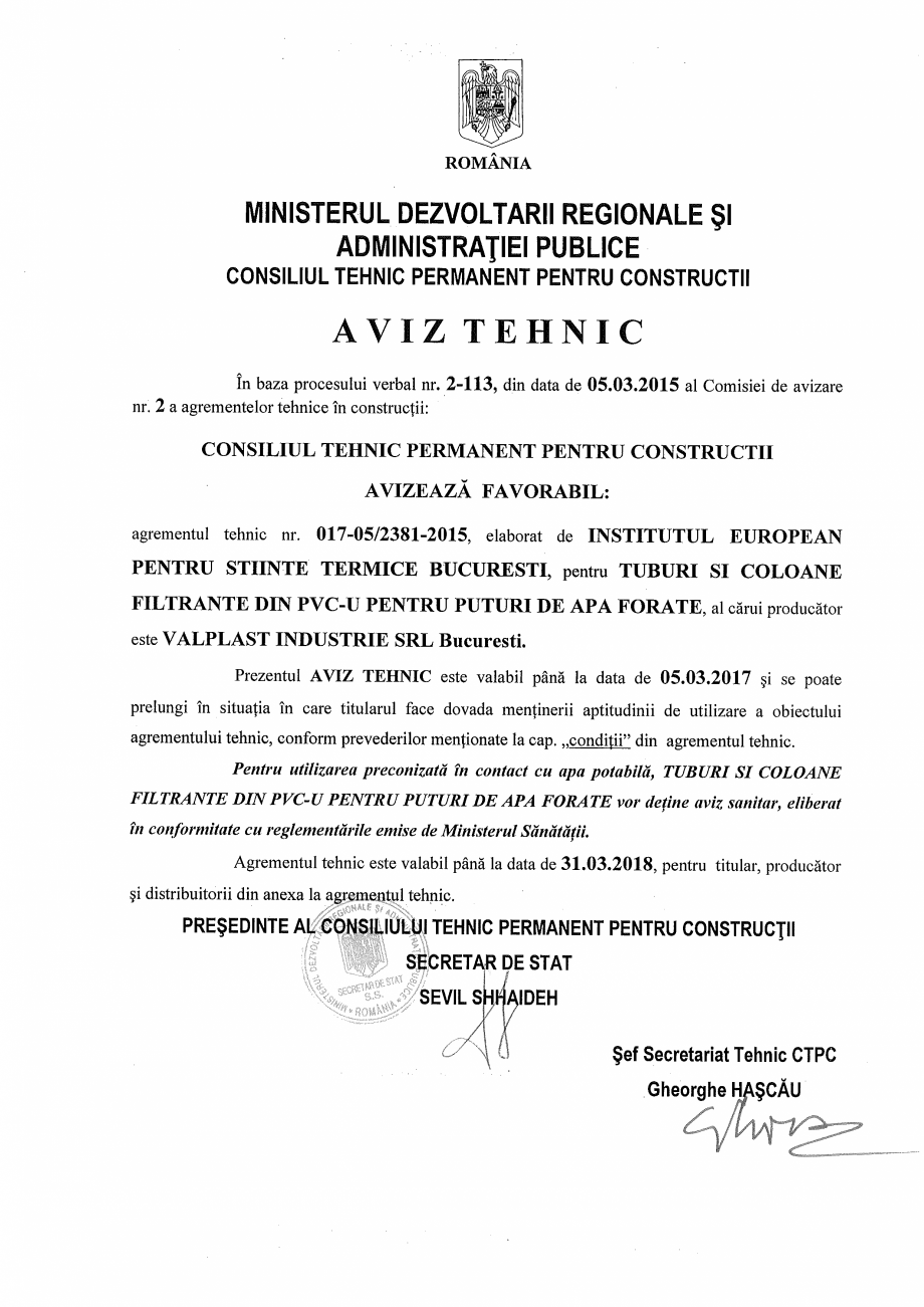 Pagina 1-Aviz tehnic tuburi si coloane filtrante din PVC-U pentru puturi de apa forate VALPLAST INDUSTRIE...