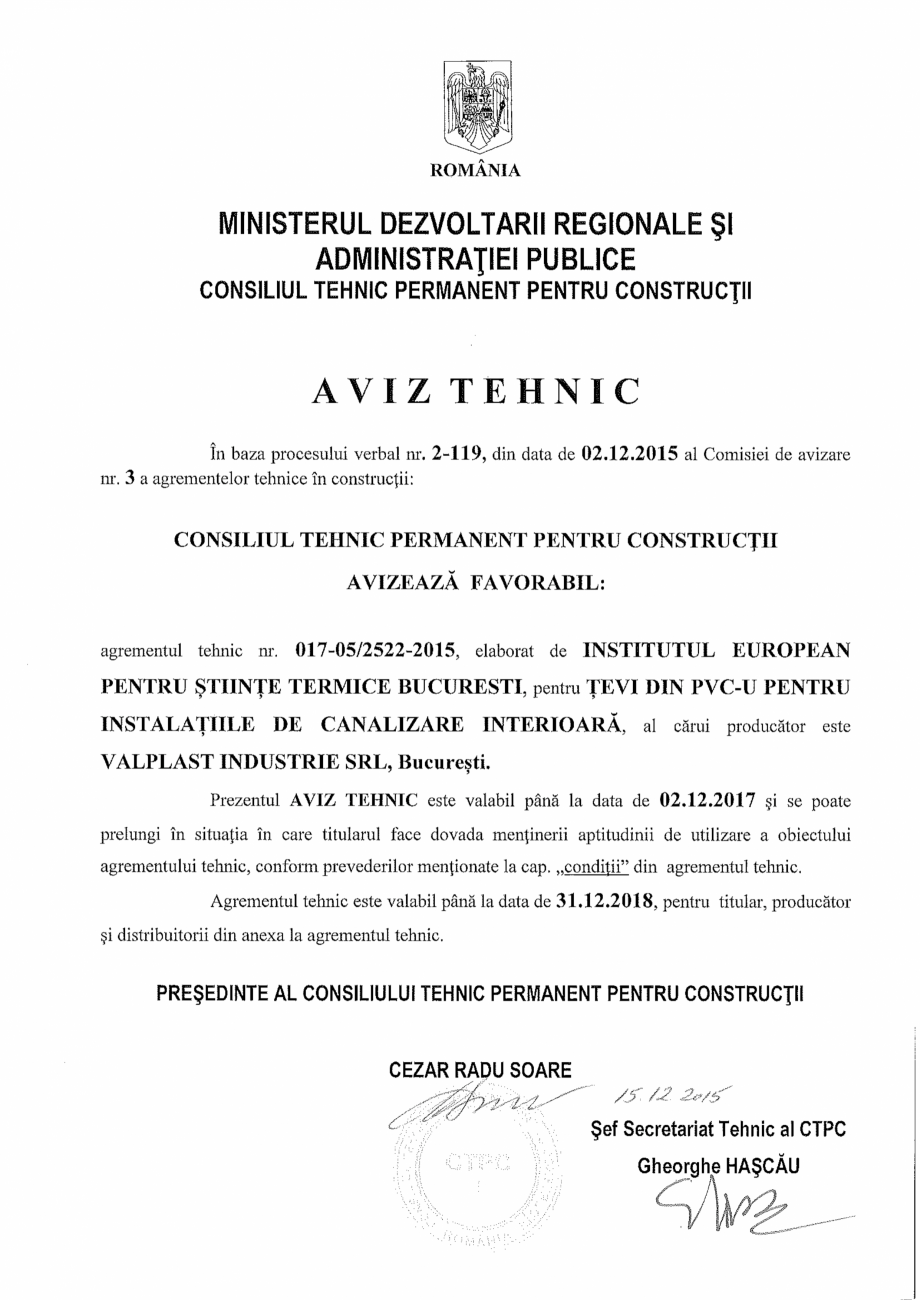 Pagina 1-Aviz tehnic pentru tevi PVC-U pentru instalatiile de canalizari interioare VALPLAST INDUSTRIE...