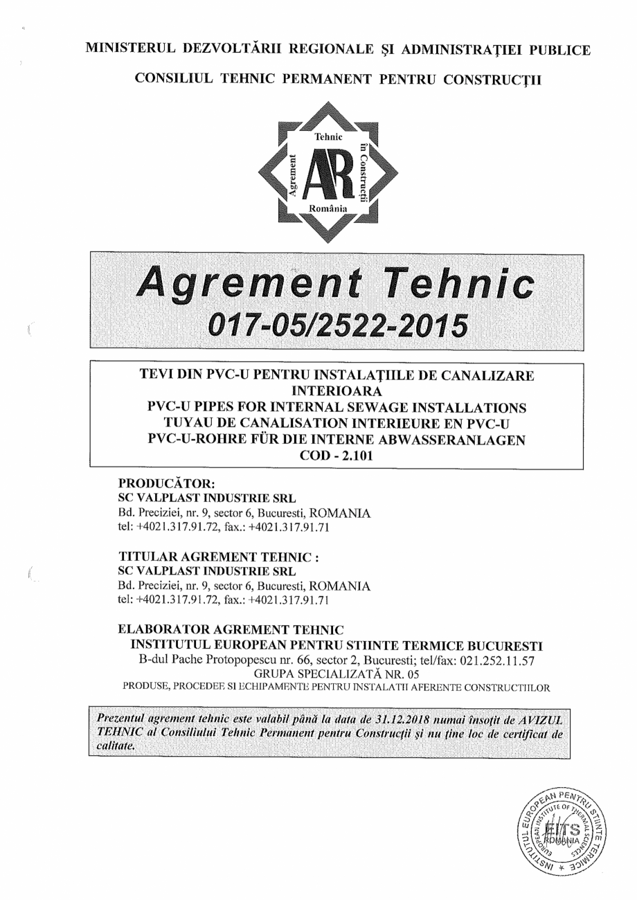 Pagina 1-Agrement tehnic pentru tevi PVC-U pentru instalatiile de canalizari interioare VALPLAST INDUSTRIE...