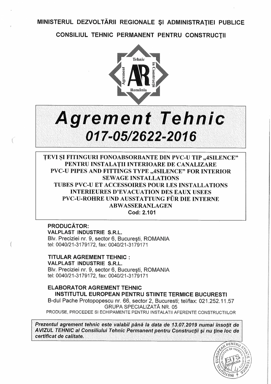Pagina 1-Agrement tehnic pentru tevi si fitinguri fonoabsorbante din PVC-U tip 4SILENT pentru instalatii de...