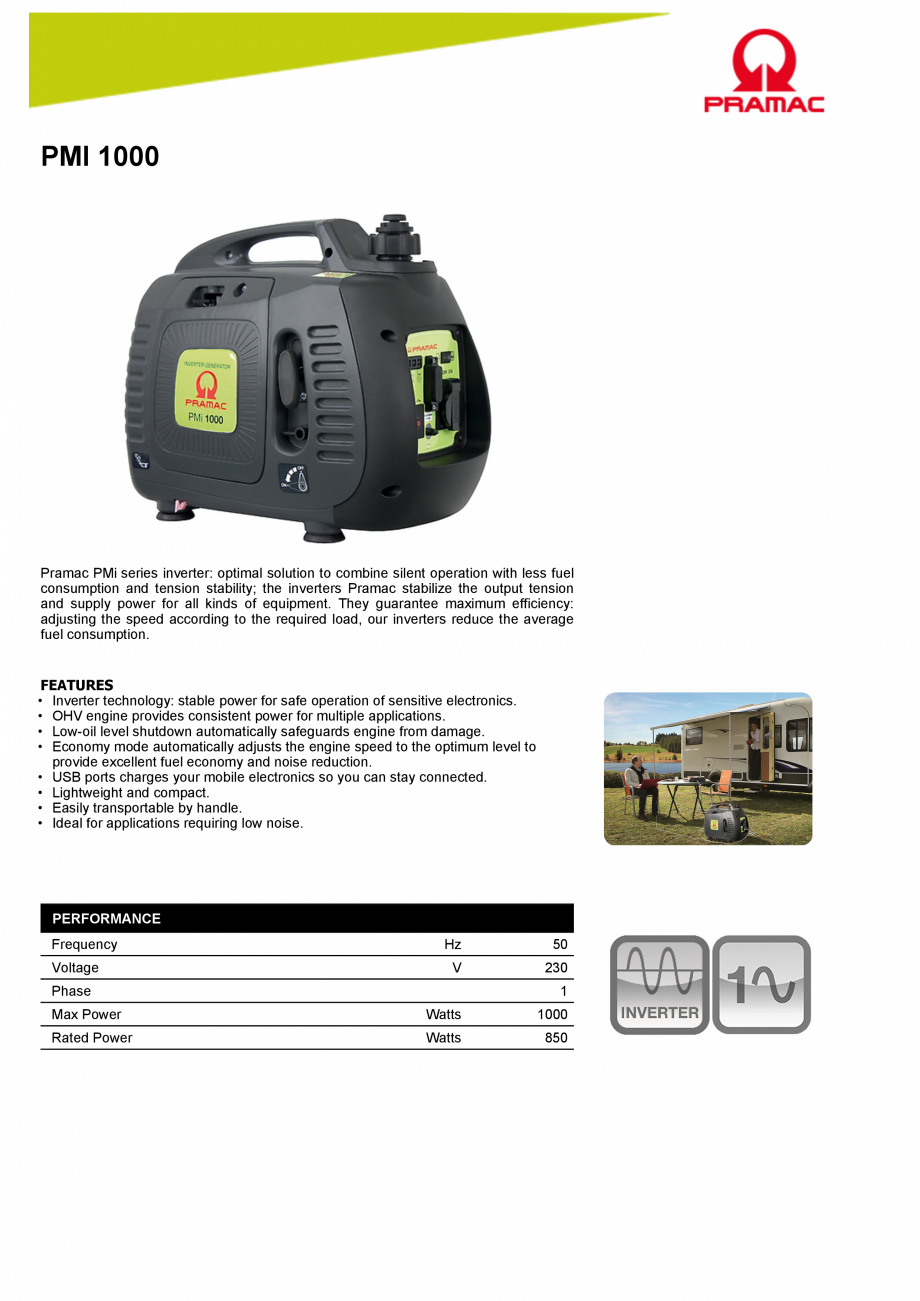 Pagina 1-Generator tip inverter monofazic PRAMAC PMi1000 Fisa tehnica Engleza PMI 1000

Pramac PMi series...