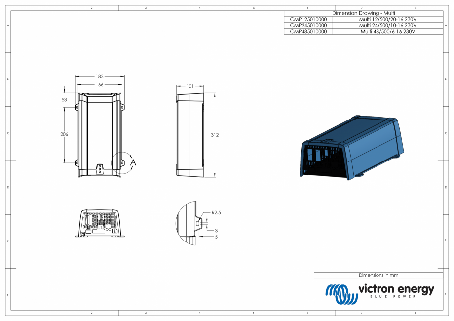 Pagina 1-CAD-PDF Dimensiuni carcasa incarcator/invertor MultiPlus-12V-24V-48V-500VA Victron Energy Detaliu de...