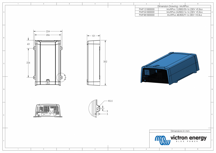 Pagina 1-CAD-PDF Dimensiuni carcasa incarcator/invertor MultiPlus-12V-24V-48V-800VA Victron Energy Detaliu de...