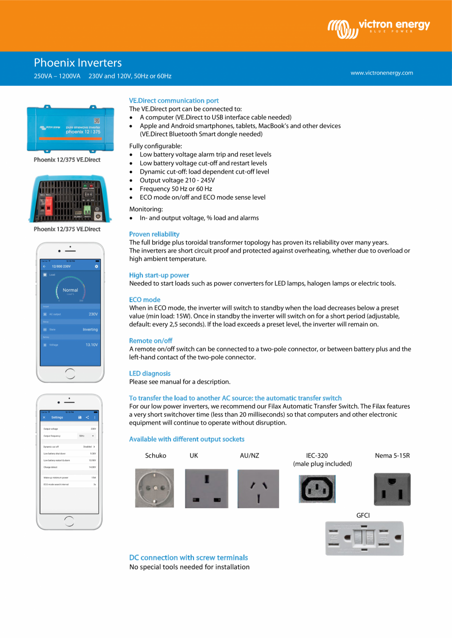 Pagina 1-Invertor Phoenix VE.Direct 250VA-1200VA Victron Energy Catalog, brosura Engleza Phoenix Inverters...