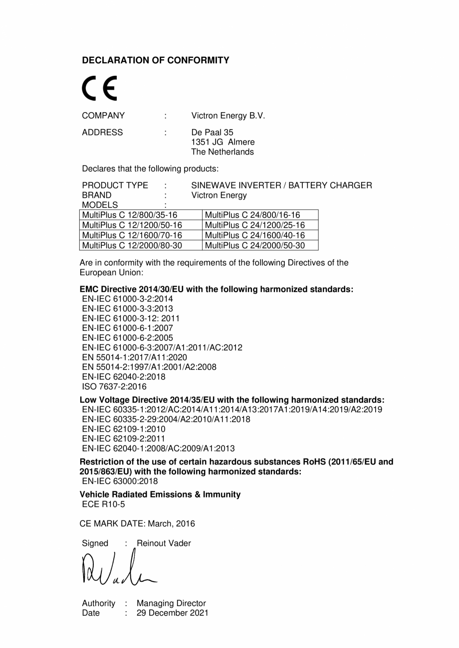 Pagina 1-Declaratie de conformitate - incarcator/invertor MultiPlus-Compact-500VA-2000VA Victron Energy...