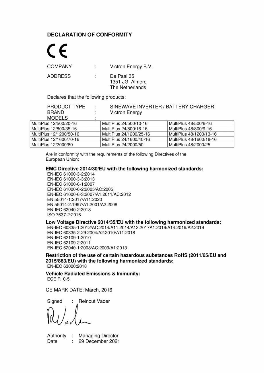 Pagina 1-Declaratie de conformitate - incarcator/invertor MultiPlus-500VA-2000VA Victron Energy MultiPlus...