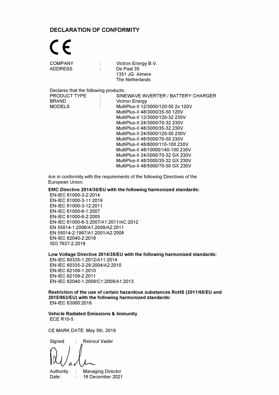 Pagina 1-Declaratie de conformitate - incarcator/invertor MultiPlus-II-(GX)-3k-5k-8k-10k Victron Energy...