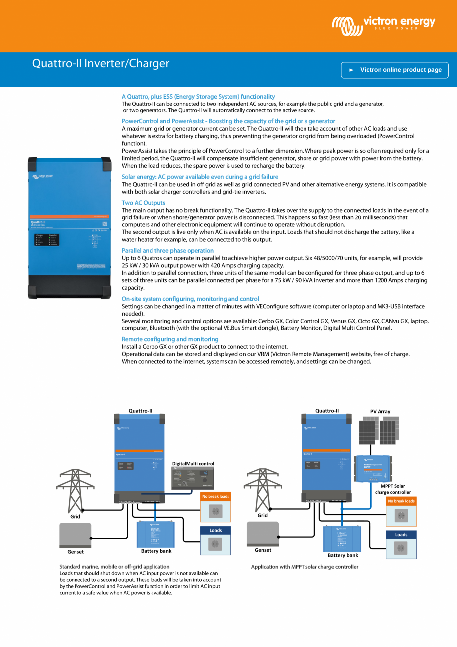 Pagina 1-Invertor/incarcator  Victron Energy Quattro-II Fisa tehnica Engleza Quattro-II Inverter/Charger
\
...