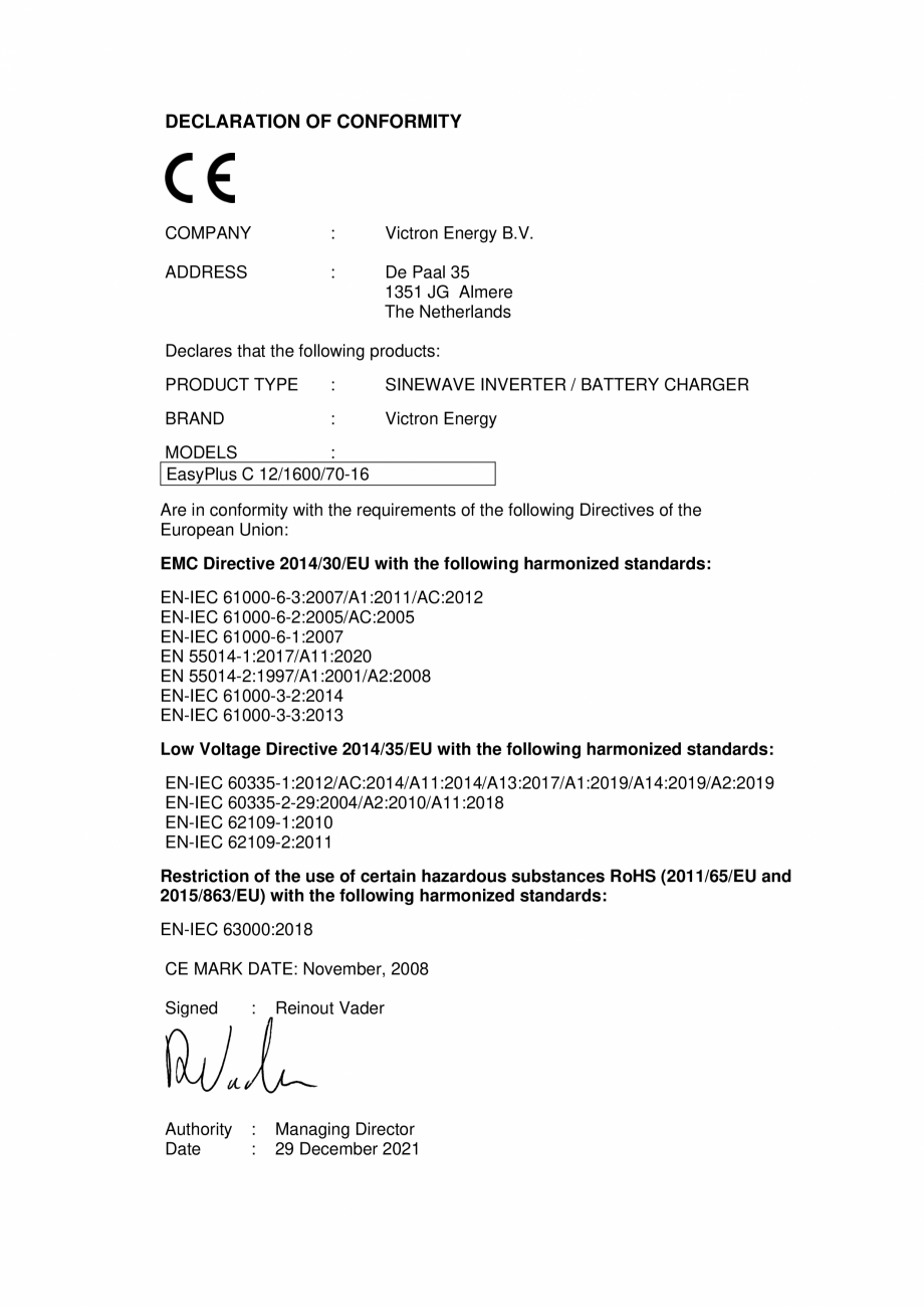 Pagina 1-Declaratie de conformitate - incarcator/invertor Victron Energy EasyPlus Certificare produs Engleza ...