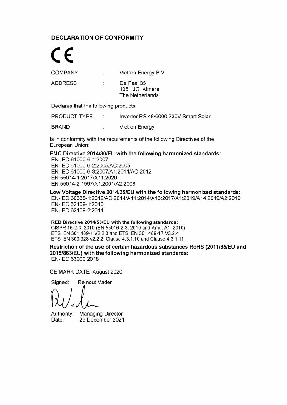 Pagina 1-Declaratie de conformitate - incarcator/invertor Victron Energy RS Smart Solar Certificare produs...