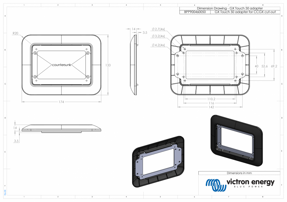 Pagina 1-CAD-PDF Dimensiuni adaptor GX Touch pentru decupaj CCGX Victron Energy Detaliu de produs 