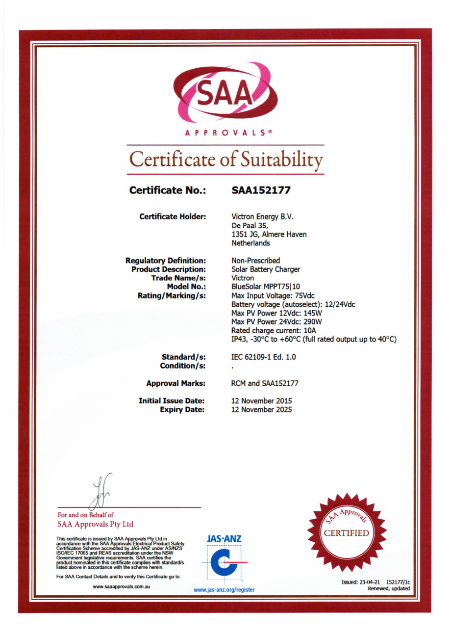 Pagina 1-Certificat de adecvare pentru utilizare - Controlere de incarcare solara IEC-62109-1-AS-NZS...