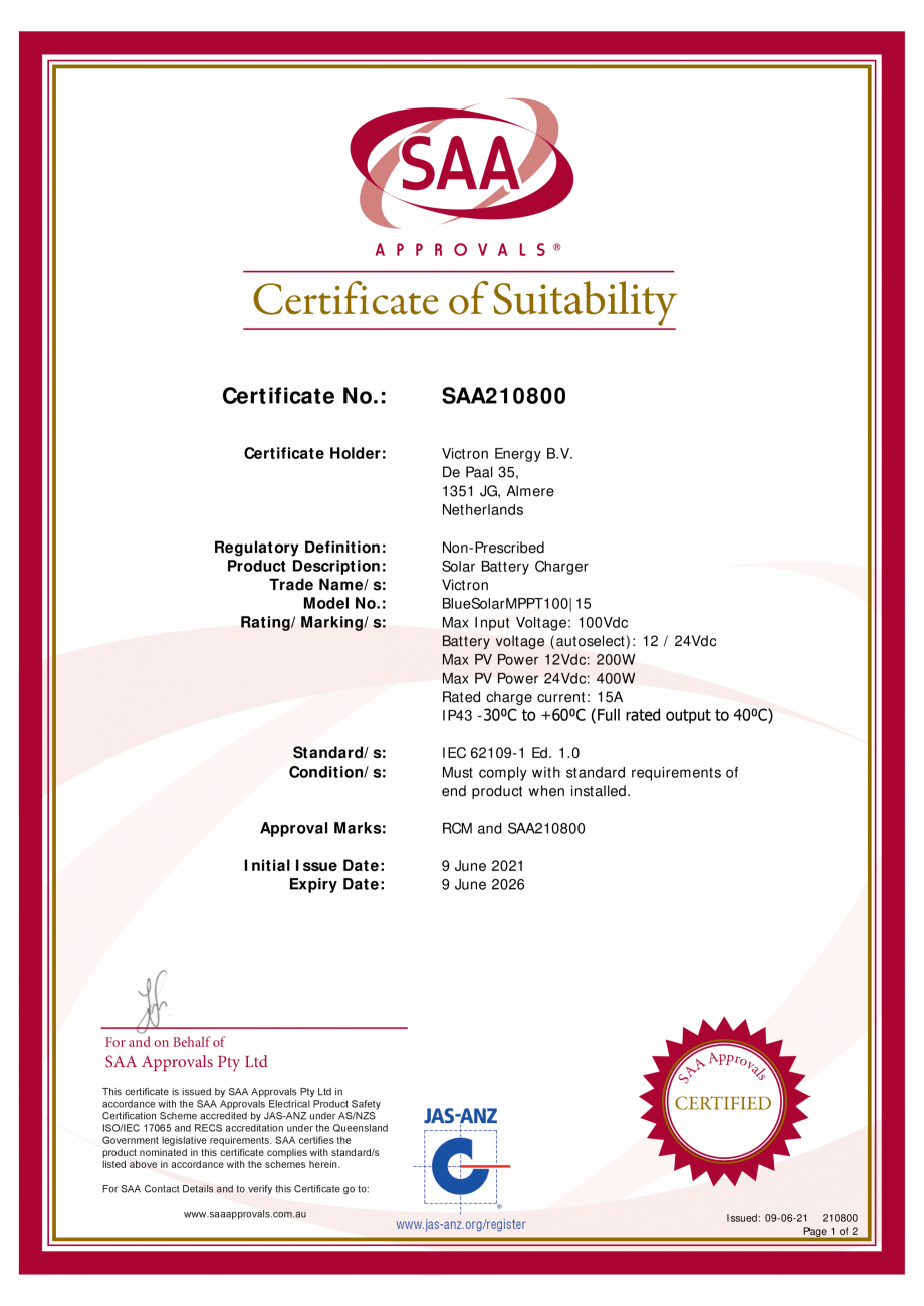 Pagina 1-Certificat de adecvare pentru utilizare - Controlere de incarcare solara IEC-62109-1-AS-NZS...