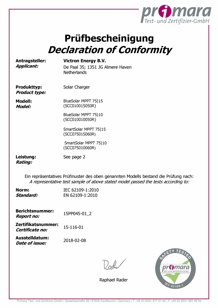 Pagina 1-Declaratie de conformitate - Controlere de incarcare solara EN-IEC-62109-1 BlueSolar si SmartSolar...