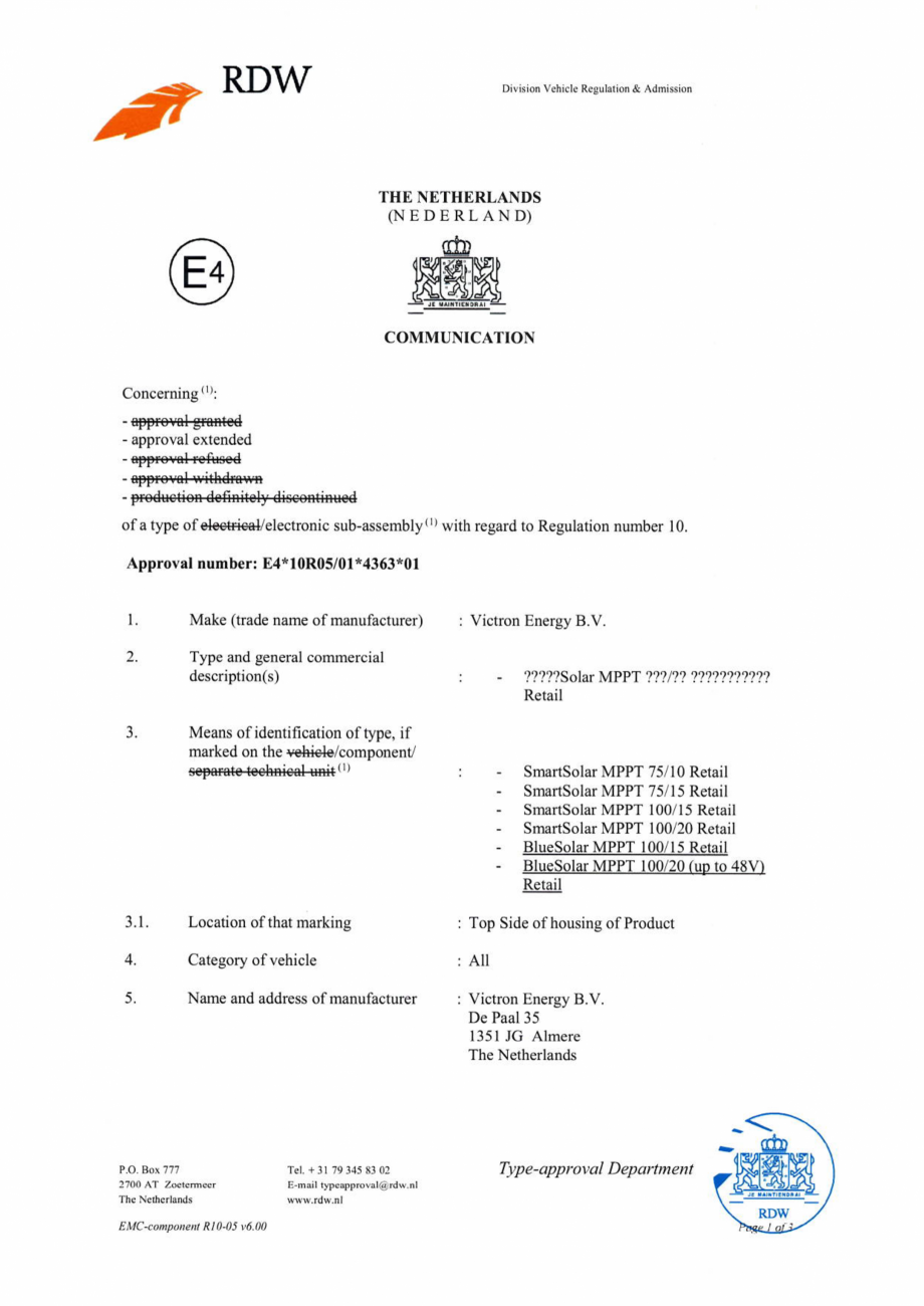 Pagina 1-Declaratie de conformitate RDW ECE-R10-5 BlueSolar 100/15,100/20 si SmartSolar MPPT 75/10,75/15...