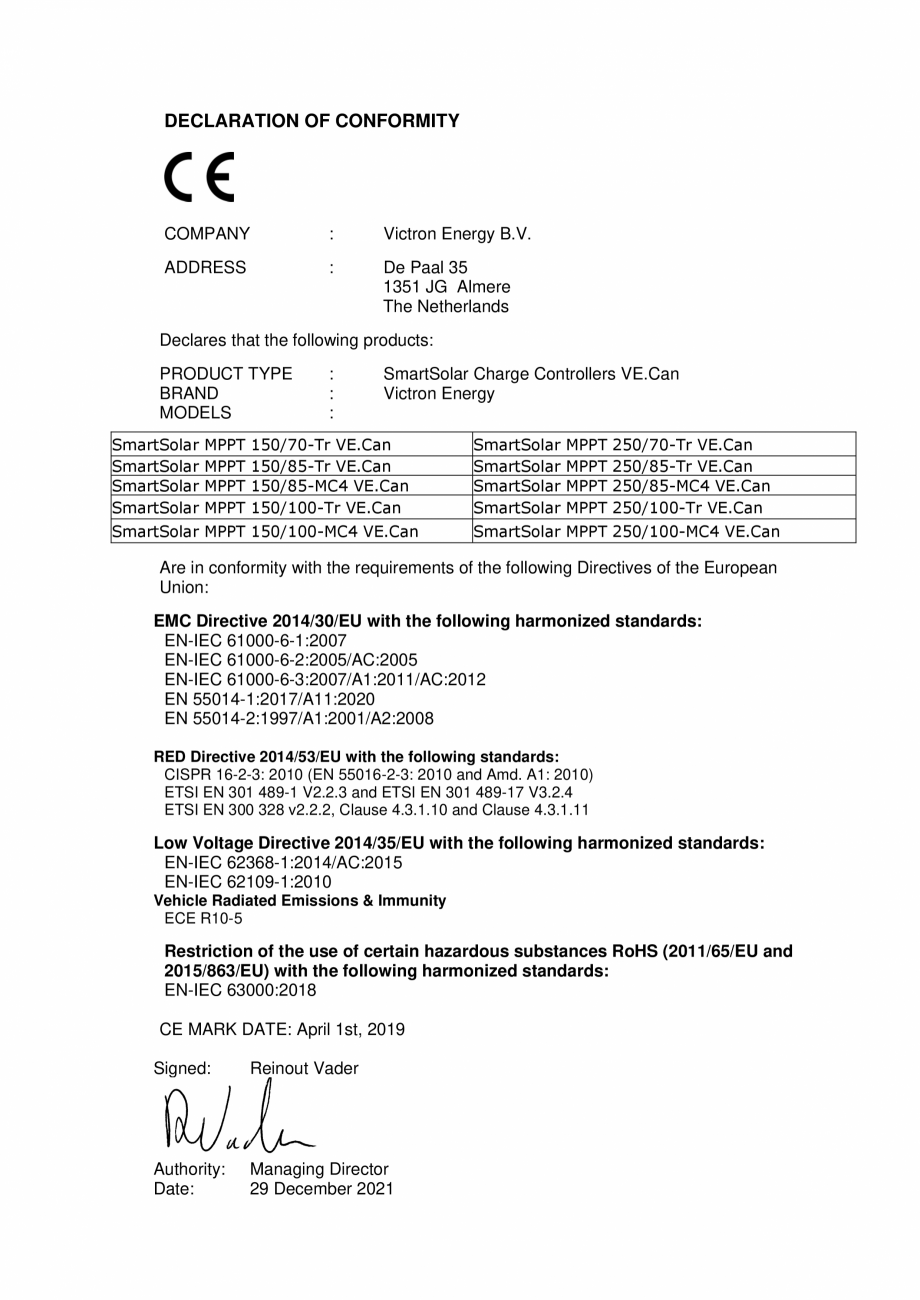 Pagina 1-Declaratie de conformitate pentru controlere de incarcare solara Victron Energy SmartSolar MPPT VE...