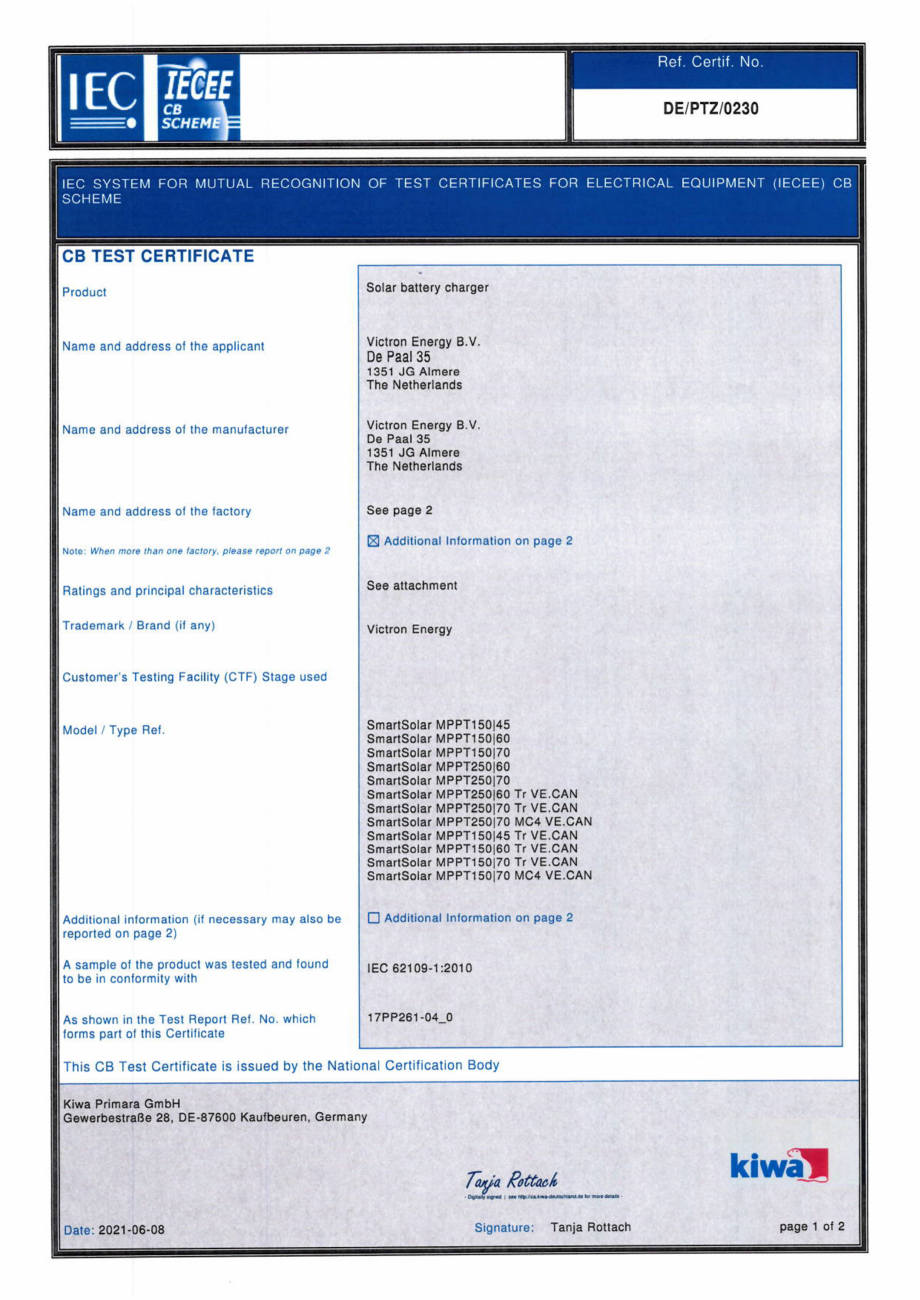 Pagina 1 - Certificat CB-17PP231-IEC-62109-1 pentru  pentru controlere de incarcare solara...
