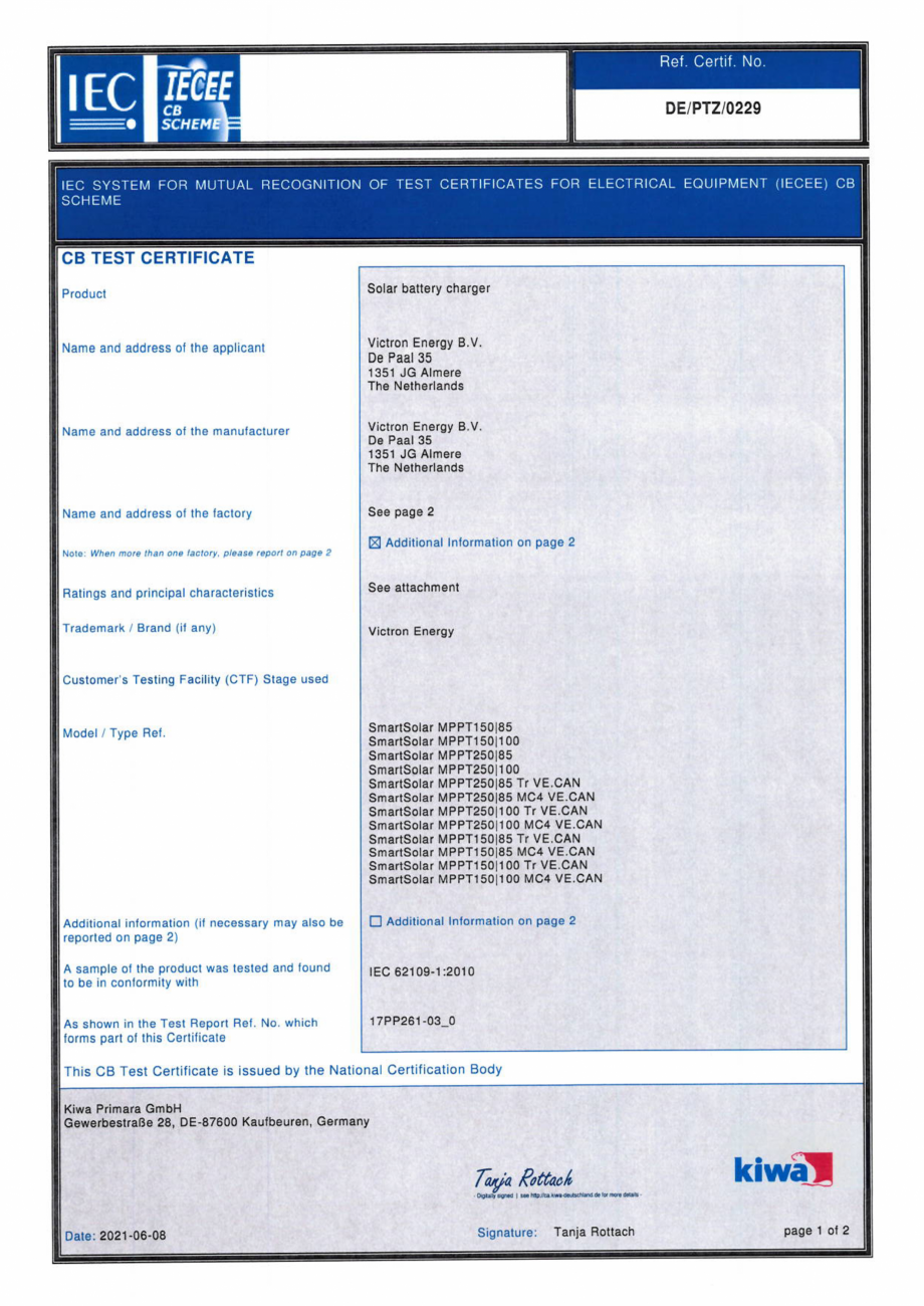 Pagina 1-Certificat CB-17PP231-IEC-62109-1  pentru controlere de incarcare solara SmartSolar MPPT 150/85 pana...