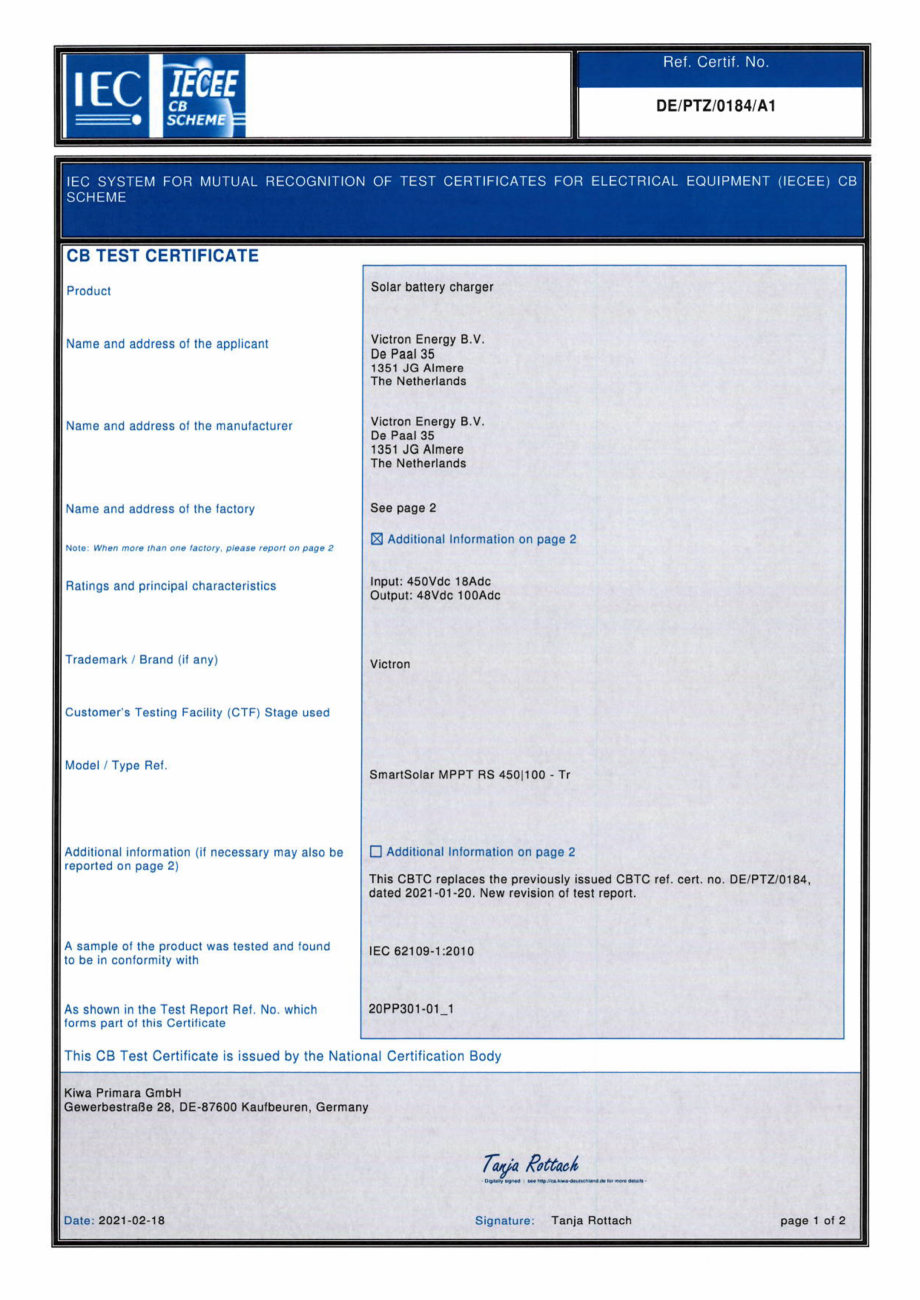 Pagina 1-Certificate-Safety-EN-IEC-62109-1-SmartSolar-MPPT-RS-450-100-Tr Victron Energy SmartSolar MPPT RS...