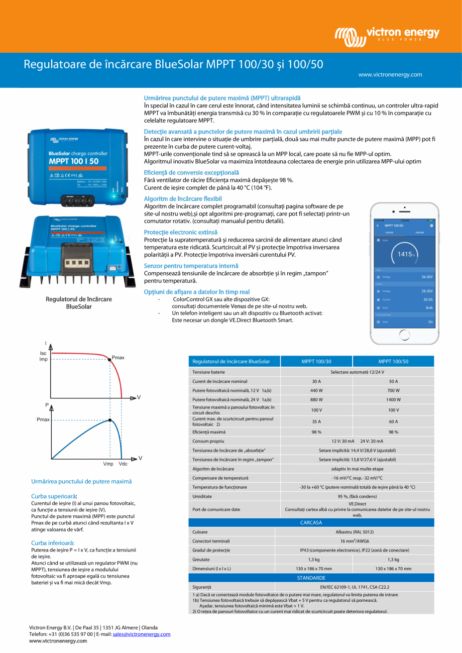Pagina 1-Regulatoare de incarcare solara BlueSolar MPPT-100-30 si 100-50 Victron Energy Fisa tehnica Romana...