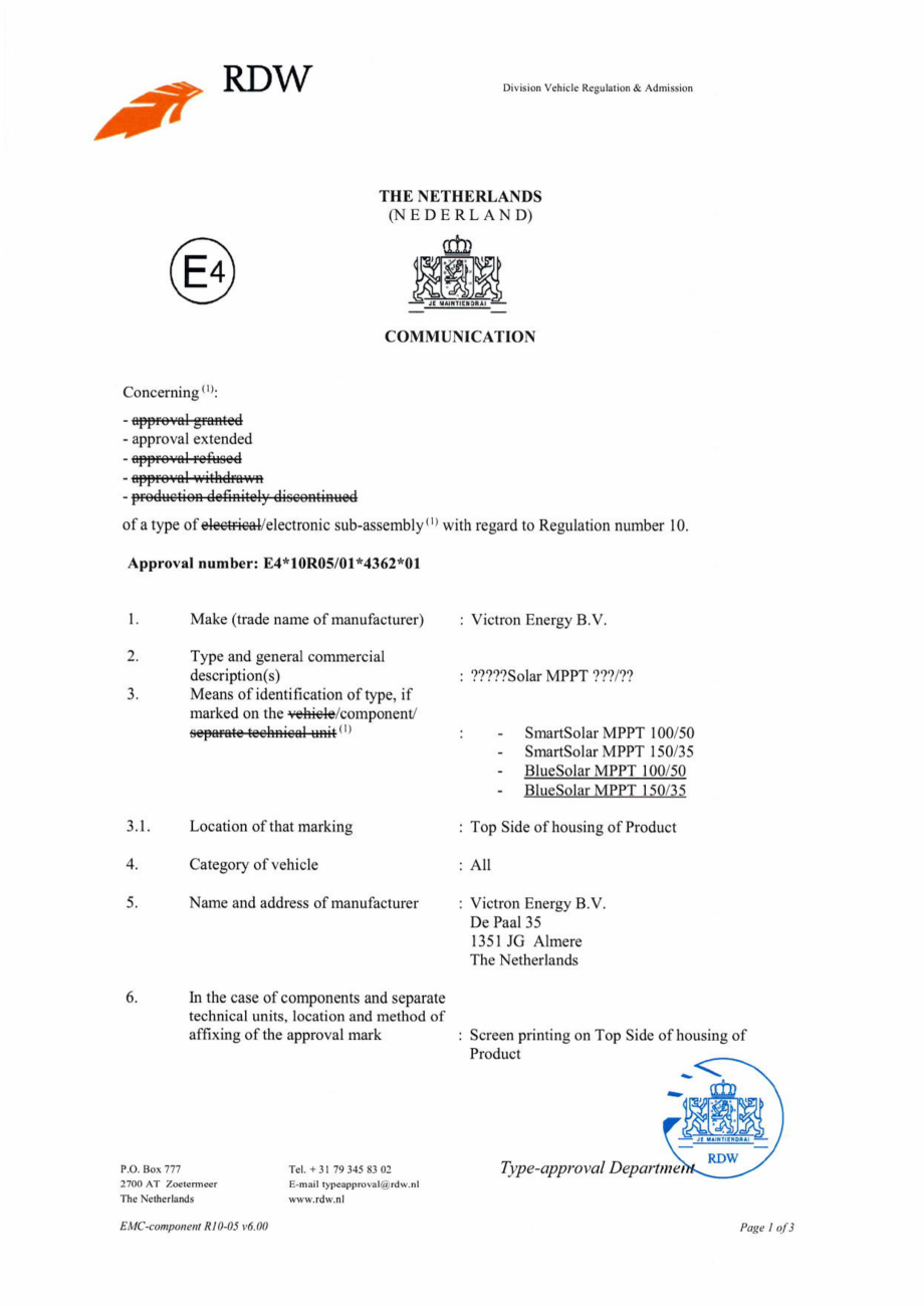 Pagina 1 - Declaratie de conformitate RDW ECE-R10-5 Controlere de incarcare solara BlueSolar-&...