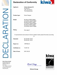 Declaratie de conformitate KIWA - Controlere de incarcare solara EN-IEC-62109-1-BlueSolar-&-SmartSolar-MPPT-100-50,-150-35-&-150-45