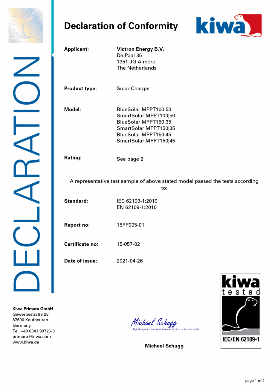 Pagina 1-Declaratie de conformitate KIWA - Controlere de incarcare solara EN-IEC-62109-1-BlueSolar-&...