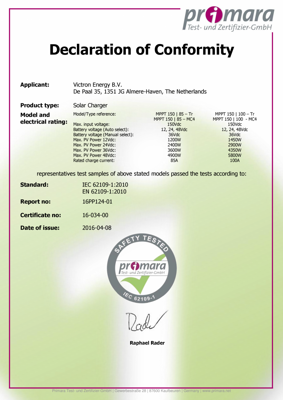 Pagina 1-Declaratie de conformitate pentru controlere de incarcare solara...