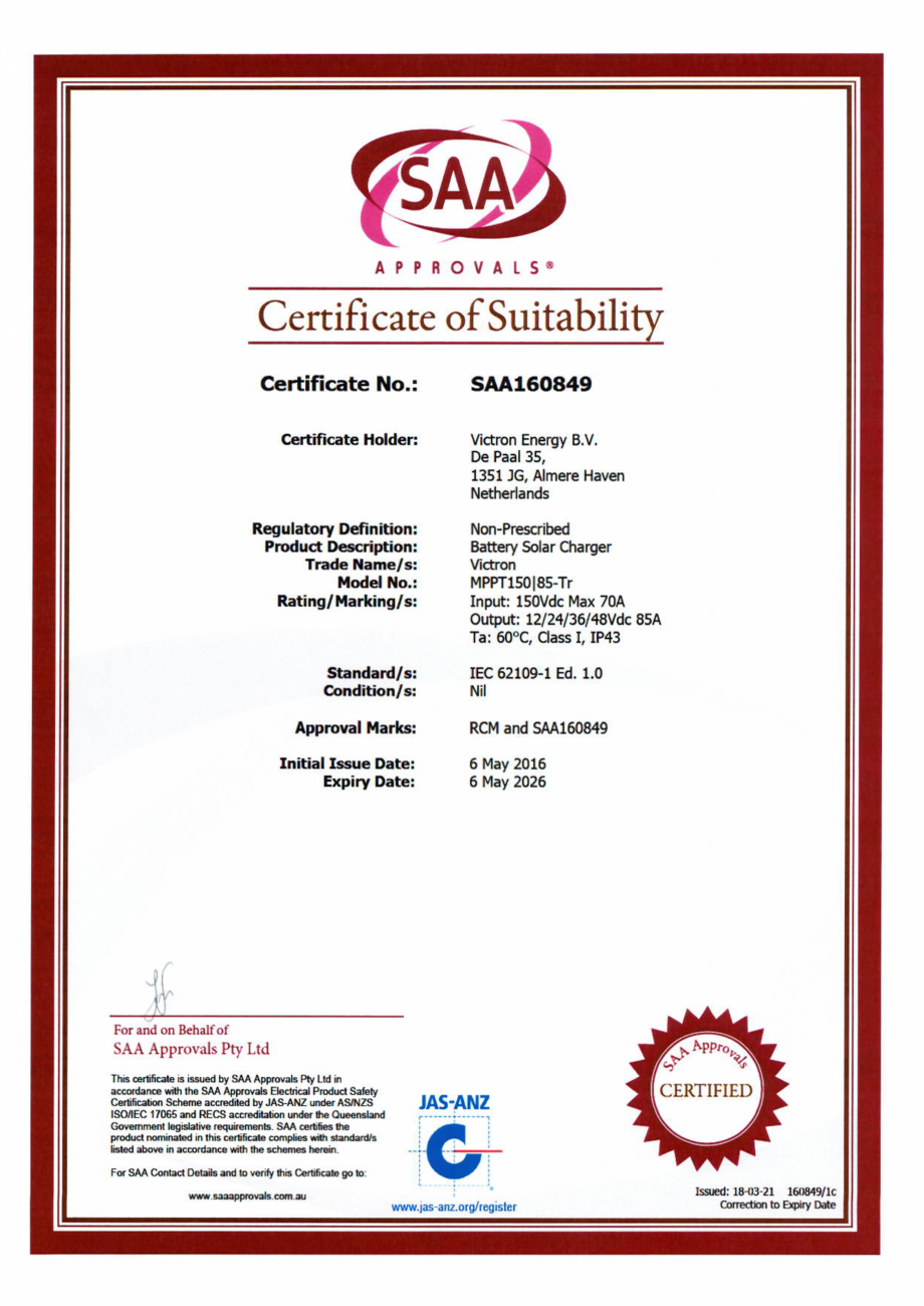 Pagina 1-Declaratie de conformitate pentru controlere de incarcare solara EC-62109-1-AS-NZS-MPPT-150-85-&...